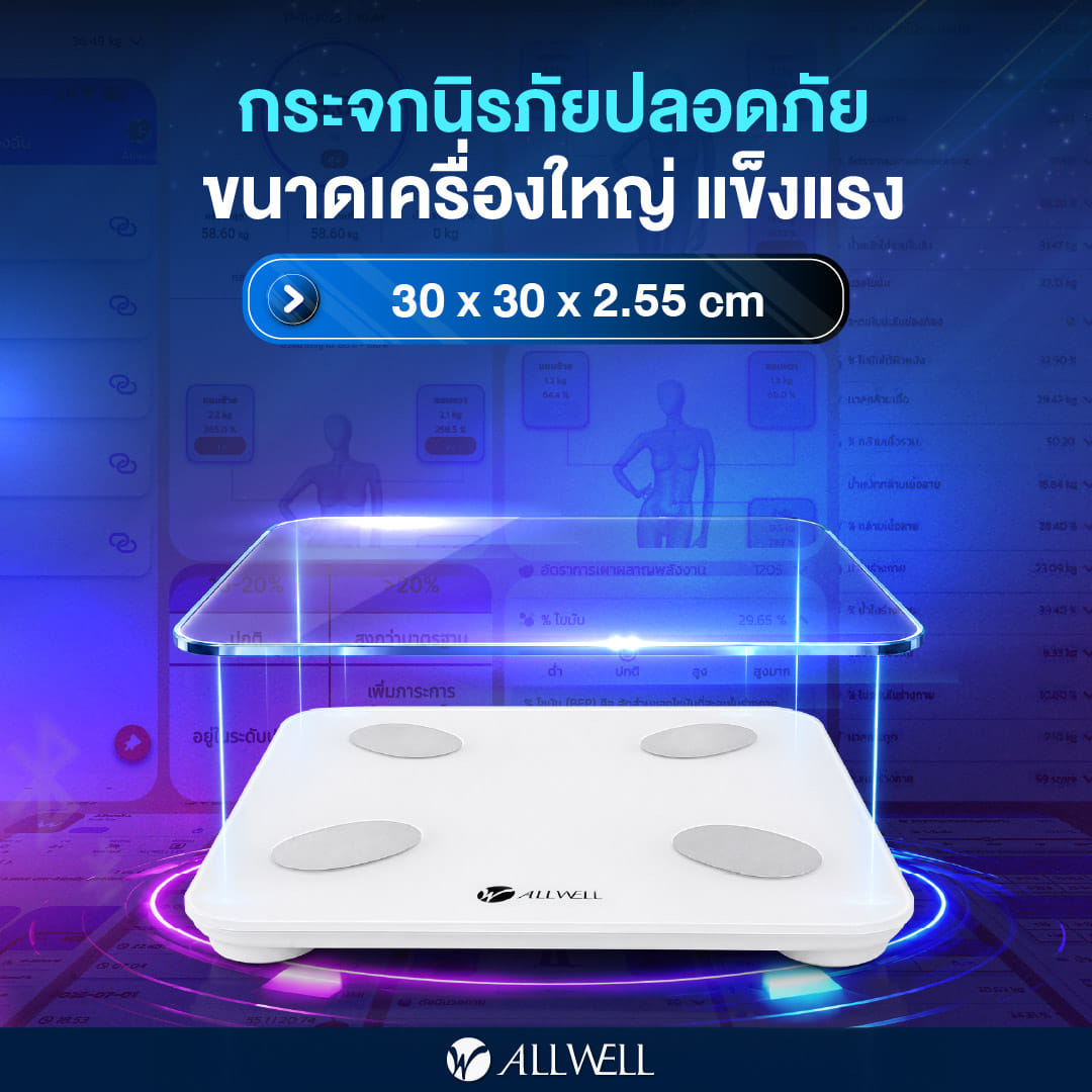 เครื่องชั่งน้ำหนัก เชื่่อมแอปได้ วัดได้ 20 ค่า ALLWELL รุ่น BodyA-1B สีขาว_2